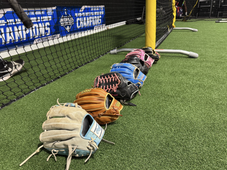 Gloves lined up on turf